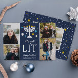Let's Get Lit | Funny Hanukkah Photo Collage Holiday Card<br><div class="desc">Time to get lit... the menorah, that is! Funny Hanukkah photo card features "let's get lit" beneath a menorah illustration accented with blue and white stars. Add four of your favourite photos in a collage layout, along with your names and a custom Hanukkah greeting. Personalise the back with an additional...</div>