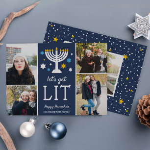 Let's Get Lit   Funny Hanukkah Photo Collage Holiday Card