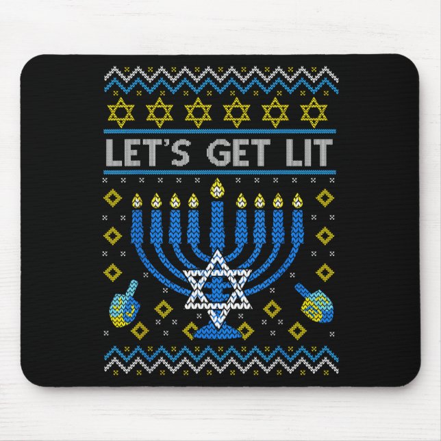 Let's Get Lit Funny Jewish Holiday Chanukah Ugly H Mouse Mat (Front)