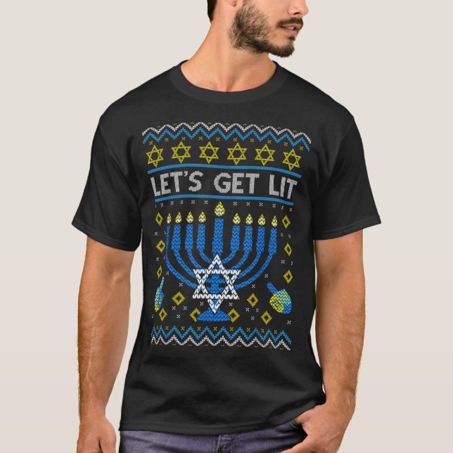 Let's Get Lit Funny Jewish Holiday Chanukah Ugly H T-Shirt (Front)