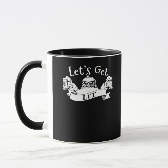 Let's Get Lit Funny Santa Beer Drinking Christmas  Mug (Left)