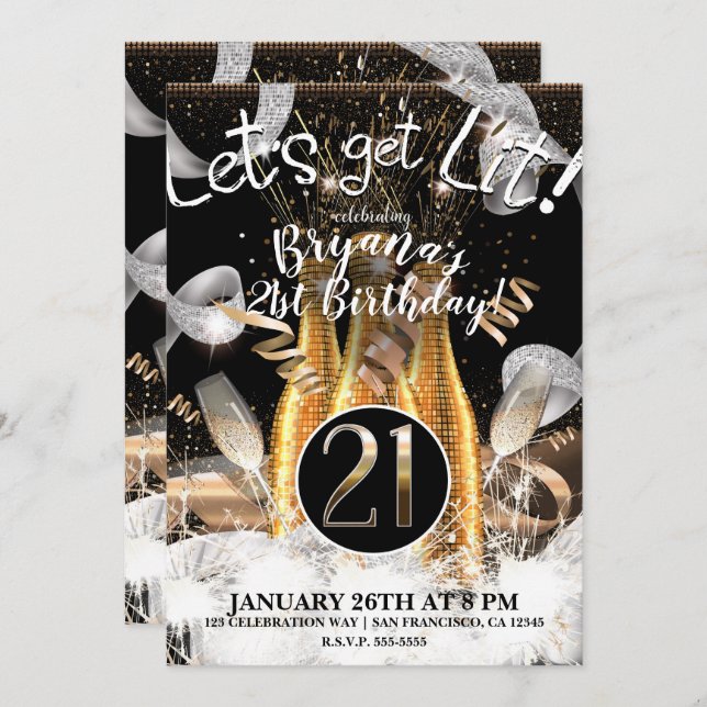 Let's Get Lit Gold Champagne Bottles 21st 21 Party Invitation (Front/Back)