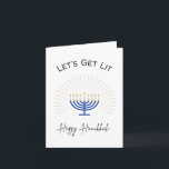 Lets’ Get Lit - Happy Hanukkah - Pun Card<br><div class="desc">A perfect way to connect with people this holiday season and wish them a Happy Hanukkah. This “Lets’ Get Lit - Happy Hanukkah” card features a shiny blue and gold menorah. This punny card is about celebrating the season with some laughter. Blank inside for your personal message.</div>