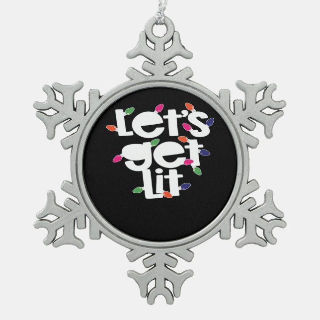 Let's Get Lit Light Bulbs Classic Snowflake Pewter Christmas Ornament (Front)