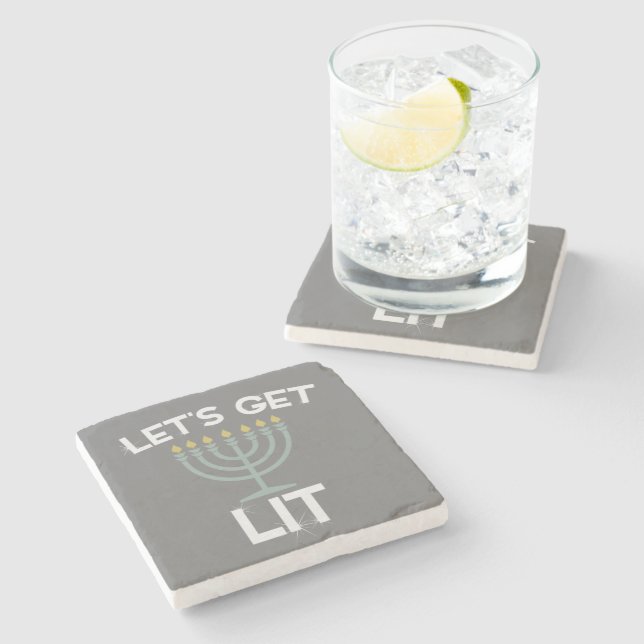 Let's Get Lit Menorah Chanukah Stone Coaster (Side)