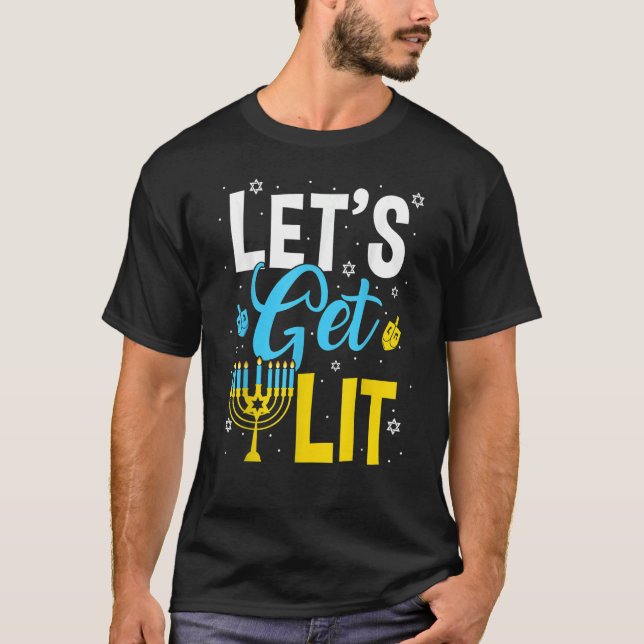 Let's Get Lit Menorah Hanukkah Jewish T-Shirt (Front)