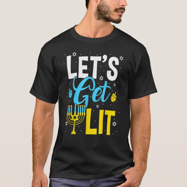 Let's Get Lit Menorah Hanukkah Jewish T-Shirt (Front)
