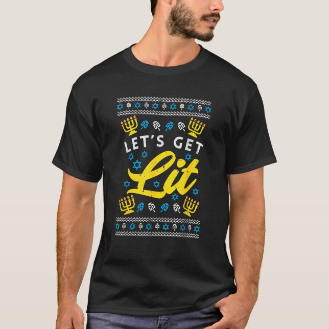 Lets Get Lit Menorah Jewish Pun Ugly Hanukkah Chan T-Shirt (Front)