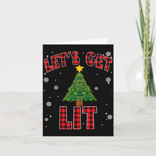 Let's Get Lit Red Buffalo Plaid Christmas Pajama D Card (Front)
