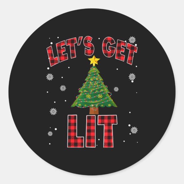 Let's Get Lit Red Buffalo Plaid Christmas Pajama D Classic Round Sticker (Front)