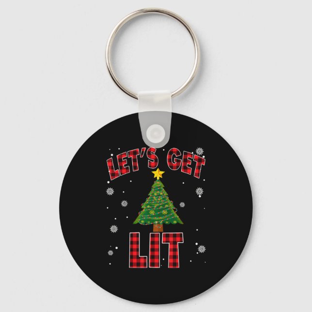 Let's Get Lit Red Buffalo Plaid Christmas Pajama D Key Ring (Front)