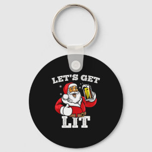 Let's Get Lit Santa Claus Drinking Beer Christmas Key Ring