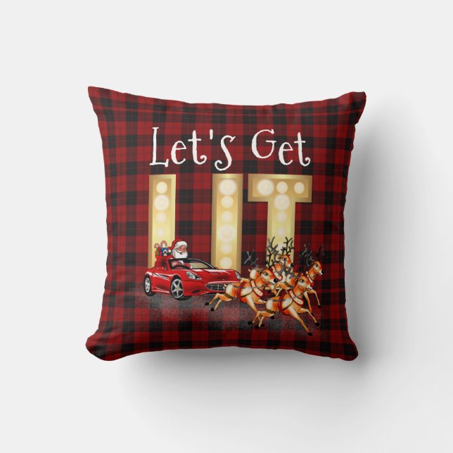 Lets Get LIT Santa Drives A Sports Car Buffalo Red Cushion (Front)
