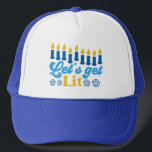 Let's Get Lit! Trucker Hat<br><div class="desc">This cheeky Hanukkah pattern is an eye-catcher! It's a fun and funky way to dress up decor, gifts, apparel, and household items for the occasion. Check out my store for more pattern items and gift ideas, or combine items to create an interesting gift package!</div>