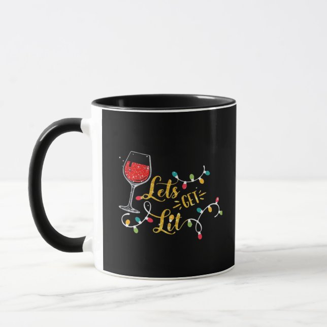Let's Get Lit Wine Glasses Christmas Lights Drinki Mug (Left)