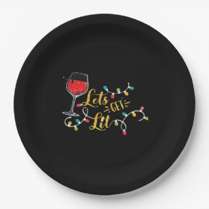 Let's Get Lit Wine Glasses Christmas Lights Drinki Paper Plate