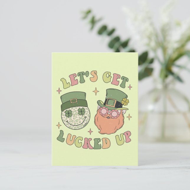 Let's Get Lucked Up - Funny Leprechaun Clover Postcard (Standing Front)