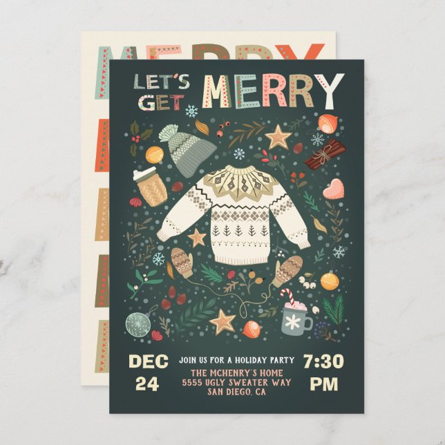 Let's Get Merry Holiday Christmas Party Sweater Invitation (Front/Back)
