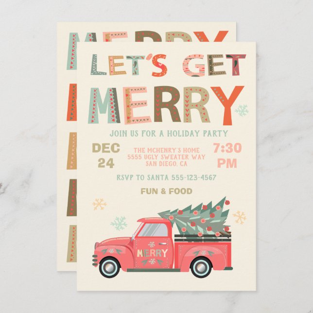 Let's Get Merry Holiday Christmas Truck Tree Invitation (Front/Back)