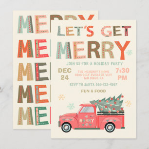 Let's Get Merry Holiday Christmas Truck Tree Invitation