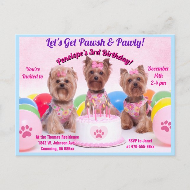 Let's Get Pawsh & Party Birthday Personalised Invitation Postcard (Front)