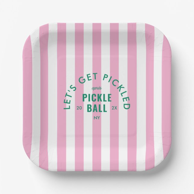 Let's Get Pickled Après Pickle Ball Pink Stripe Paper Plate (Front)