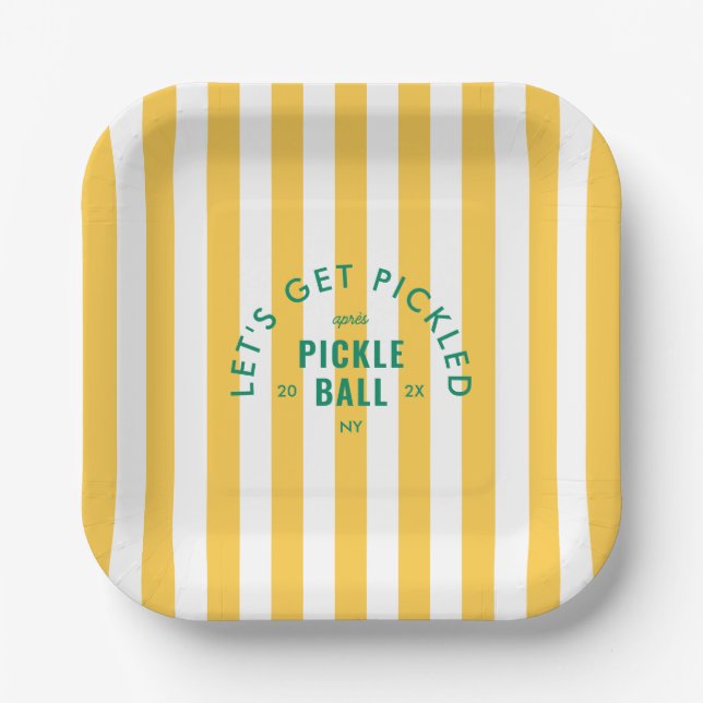 Let's Get Pickled Après Pickle Ball Yellow Stripe  Paper Plate (Front)