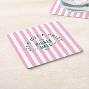 Let's Get Pickled Après Pickleball Pink Stripe Square Paper Coaster
