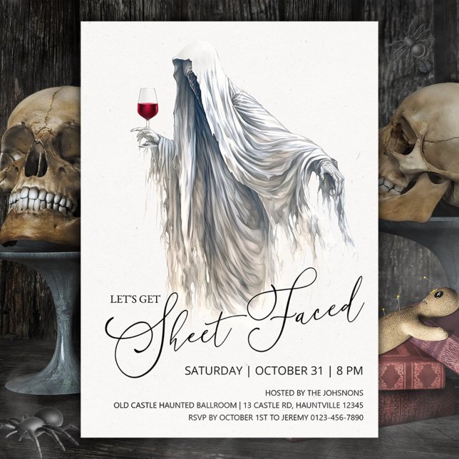 Let's Get Sheet Faced, Ghost Wine Halloween Invitation (Let's get sheet faced Halloween invitation ghost with red wine)