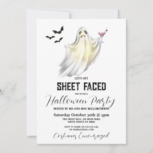 Let's Get Sheet Faced Halloween Party Ghost Fun Invitation (Front)