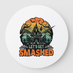 Lets Get Smashed Halloween Haunted House Sunset Ba Large Clock