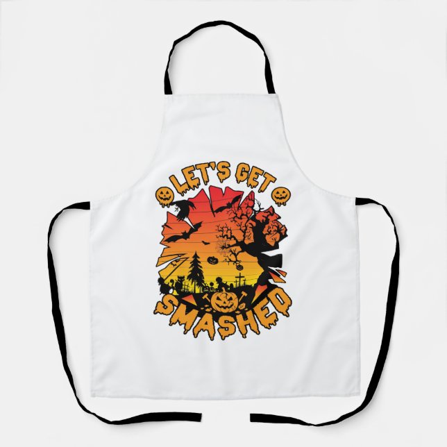 Lets Get Smashed Halloween Pumpkin Spooky Tree Bat Apron (Front)
