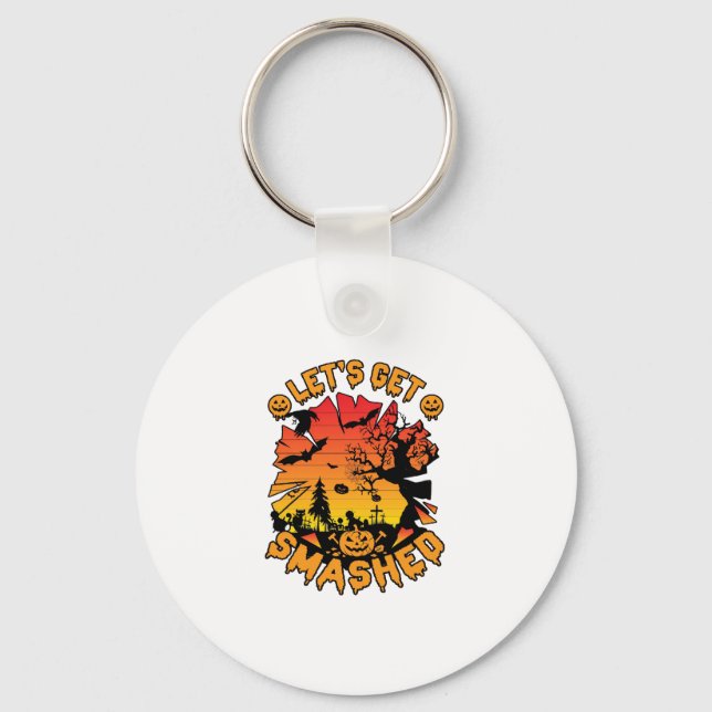 Lets Get Smashed Halloween Pumpkin Spooky Tree Bat Key Ring (Front)