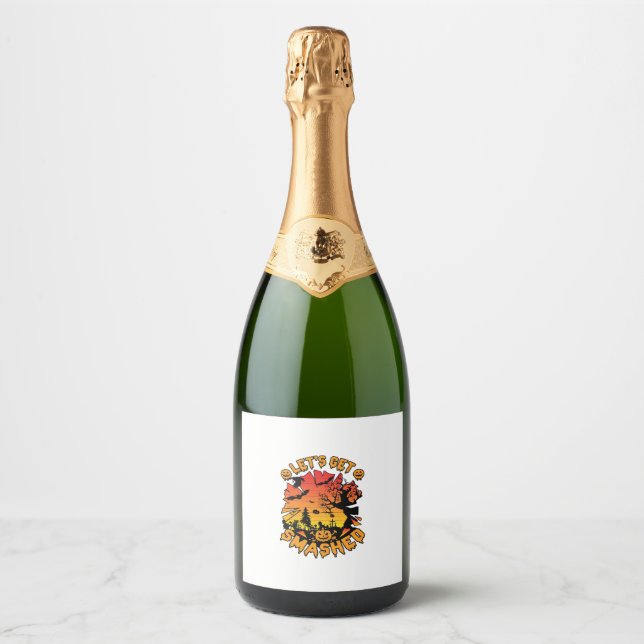 Lets Get Smashed Halloween Pumpkin Spooky Tree Bat Sparkling Wine Label (Front)