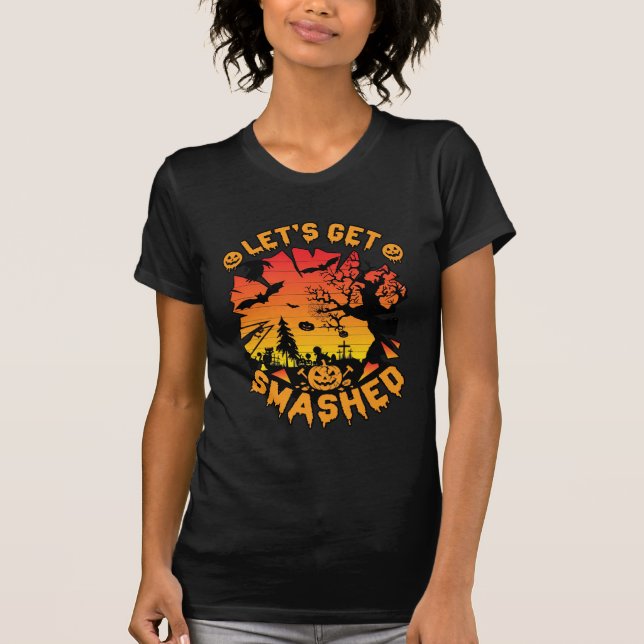 Lets Get Smashed Halloween Pumpkin Spooky Tree Bat T-Shirt (Front)