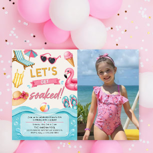 Let's Get Soaked Summer Pool Birthday Party Photo Invitation