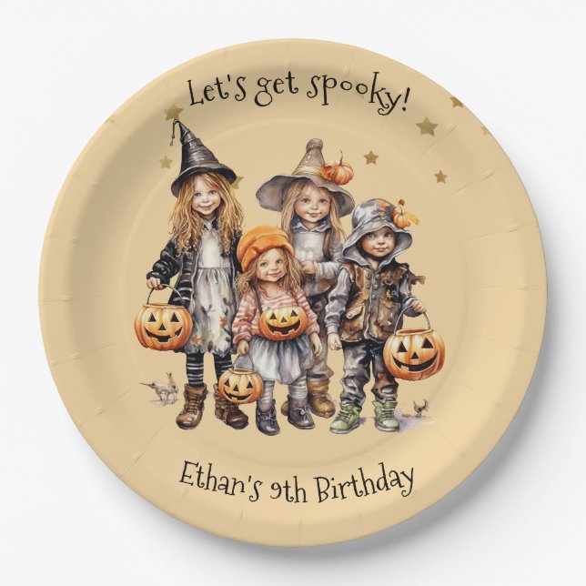 Let's get spooky! Costume kids birthday party Paper Plate (Front)