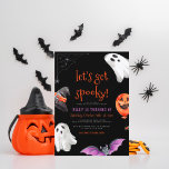 Lets Get Spooky Fun Kids Halloween Birthday Party Invitation<br><div class="desc">Modern Halloween-themed design for a spooktacular party! This birthday invitation features a spider's web in the top left-hand corner, two ghosts, a wizard hat, a pumpkin balloon, and a black and purple bat. Cards reverse to a black and while dotted pattern against a orange background. A gender-neutral design, perfect for...</div>