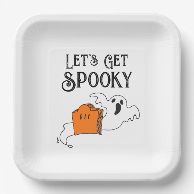 "Let's Get Spooky" Ghost Retro Gothic Typography Paper Plate (Front)