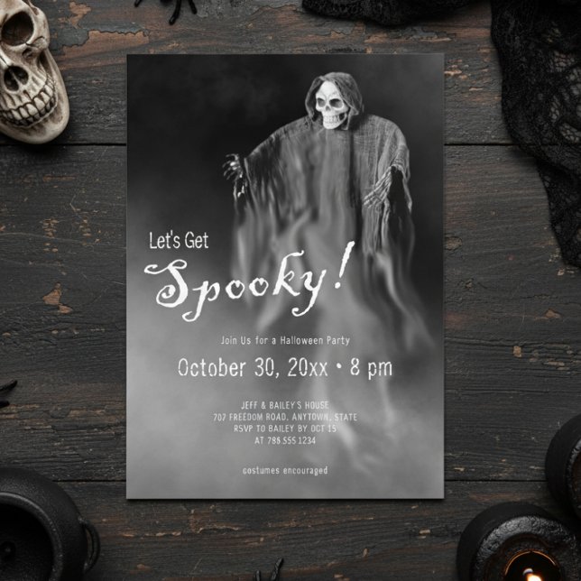 Let's Get Spooky Ghostly Skeleton Halloween Party Invitation (Creator Uploaded)