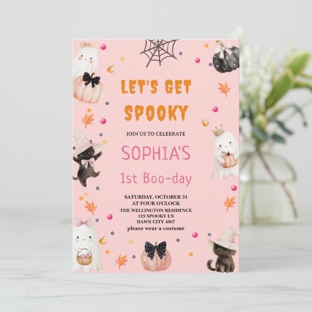 Let's get spooky Halloween 1st Boo-day Birthday Invitation (Standing Front)