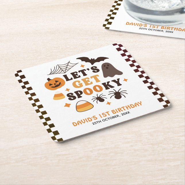 Let's Get Spooky Halloween Birthday  Square Paper Coaster (Angled)