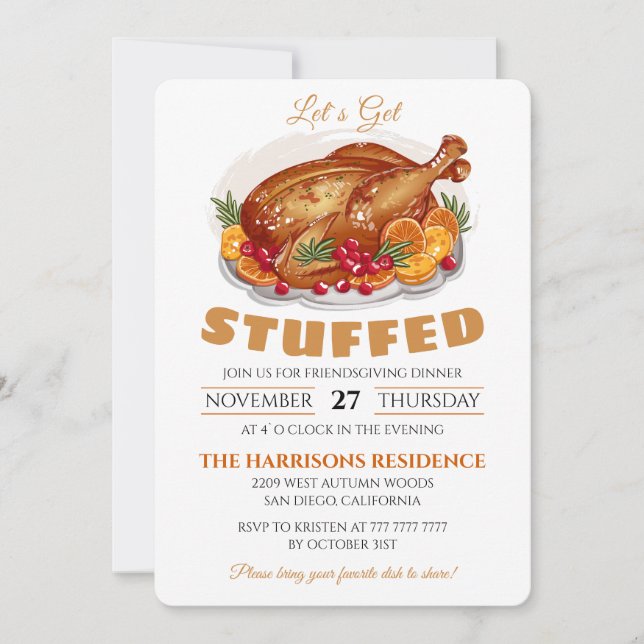 Let's Get Stuffed Funny Turkey Thanksgiving Invite (Front)