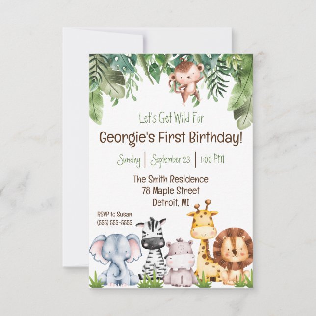Let's Get Wild! Baby Safari Animals Birthday Party Invitation (Front)