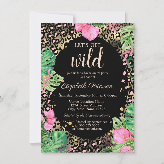Let's Get Wild Gold Leopard Print Leaves Invitation (Front)