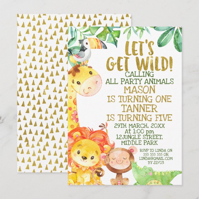 Let's Get Wild Joint Gold Safari Animals Birthday Invitation (Front/Back)