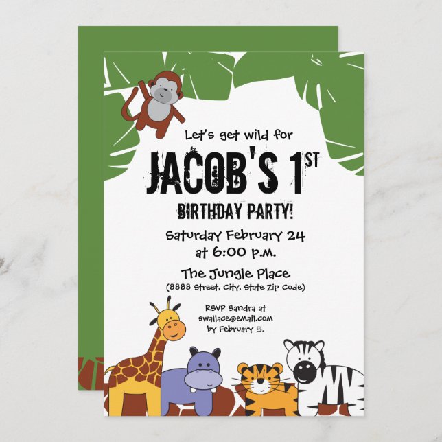 "Let's get wild", Jungle 1st birthday with animals Invitation (Front/Back)