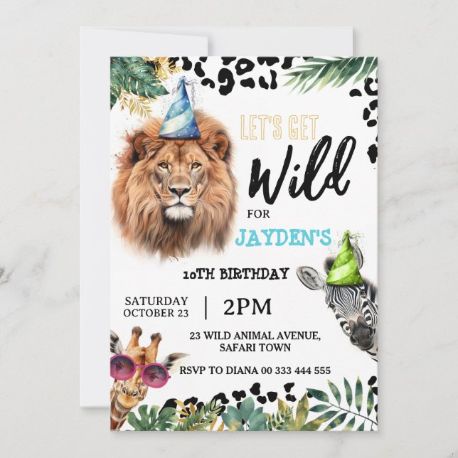 Let's Get Wild Safari Animals Birthday Party Invitation (Front)