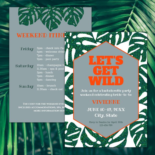 Let's Get Wild Tropical Bachelorette Weekend Invitation (let's get wild tropocal bachelorette weekend itinerary invitation glitter monstera leaves orange)