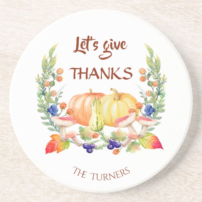 Let's Give Thanks Fall Wreath Pumpkin Thanksgiving Coaster (Front)
